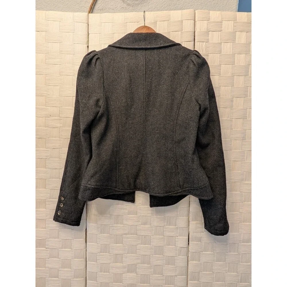 Free People Charcoal Herringbone Wool Blend Puff‎ Shoulder Blazer Jacket Gray
